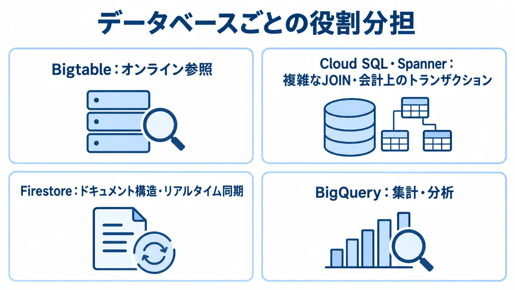 Bigtableと他データベースの役割分担を示す4つのパネル Bigtable、Cloud SQL・Spanner、Firestore、BigQueryの役割を4枚のパネルで示した図解。