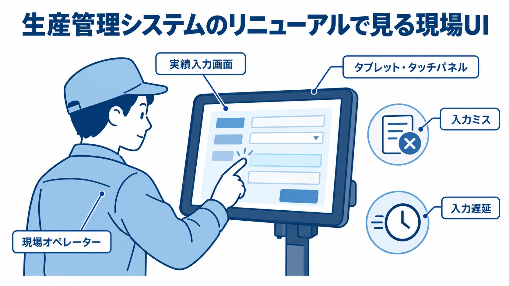実績入力画面を中心に、現場オペレーターとタブレット操作、入力ミスや入力遅延を示す図解。