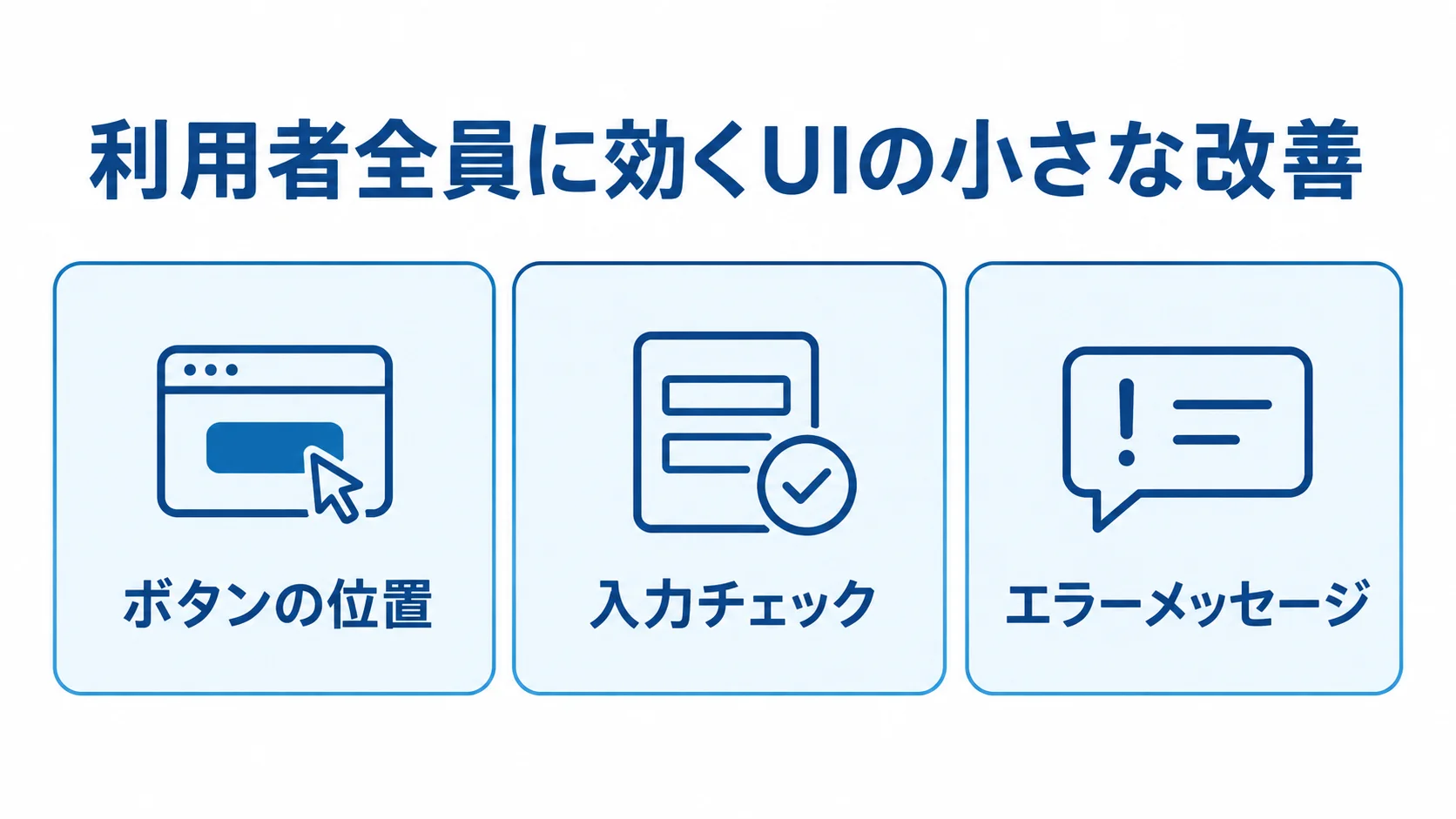 利用者全員に効くUIの小さな改善例 ボタンの位置、入力チェック、エラーメッセージの改善例を並べた図解。