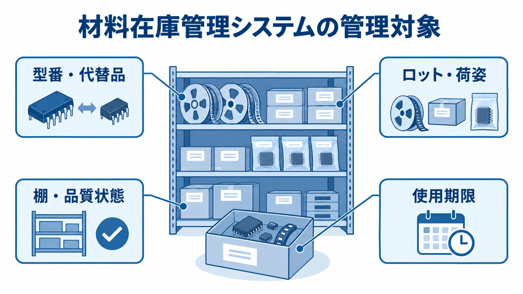 材料在庫管理システムの管理対象を示す図 材料在庫管理システムを中心に、型番・代替品、ロット・荷姿、棚・品質状態、使用期限を注釈で示した図。