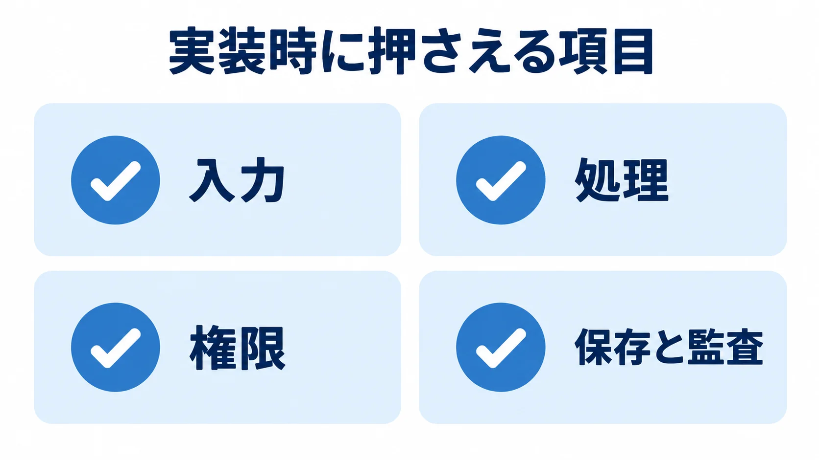 実装時の確認項目 実装時の確認項目として入力、処理、権限、保存と監査を並べたチェックリスト。