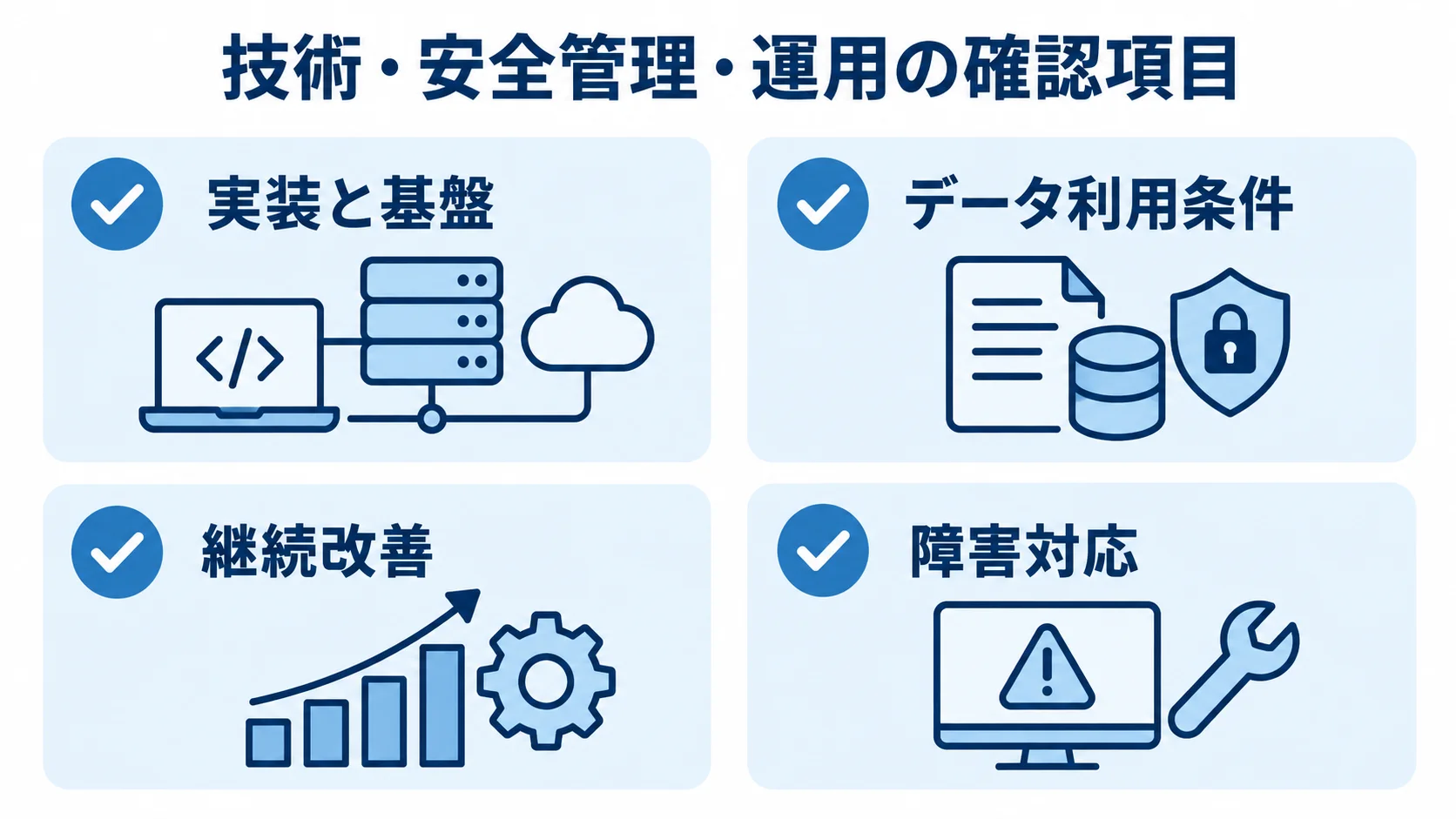 開発会社を比べる技術・安全管理・運用の確認項目 候補会社を比べるための実装と基盤、データ利用条件、継続改善、障害対応の確認項目。