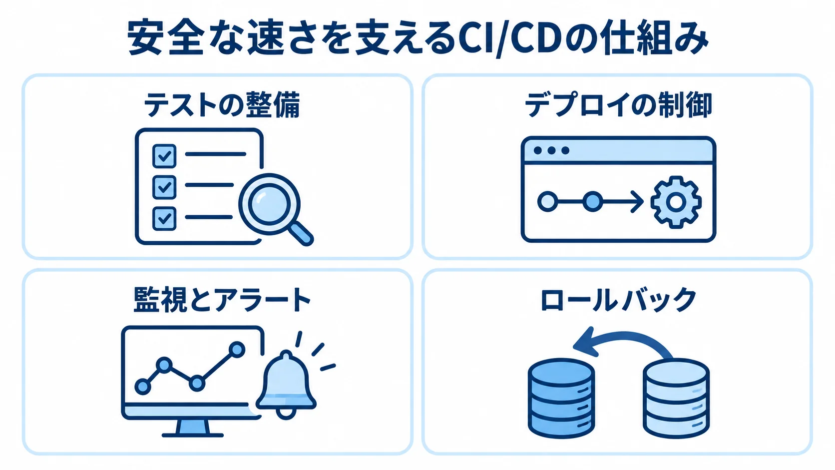 パイプラインに必要な安全対策 安全なCI/CDを支えるテスト整備、デプロイ制御、監視、ロールバックを4枚のパネルで示した図解。