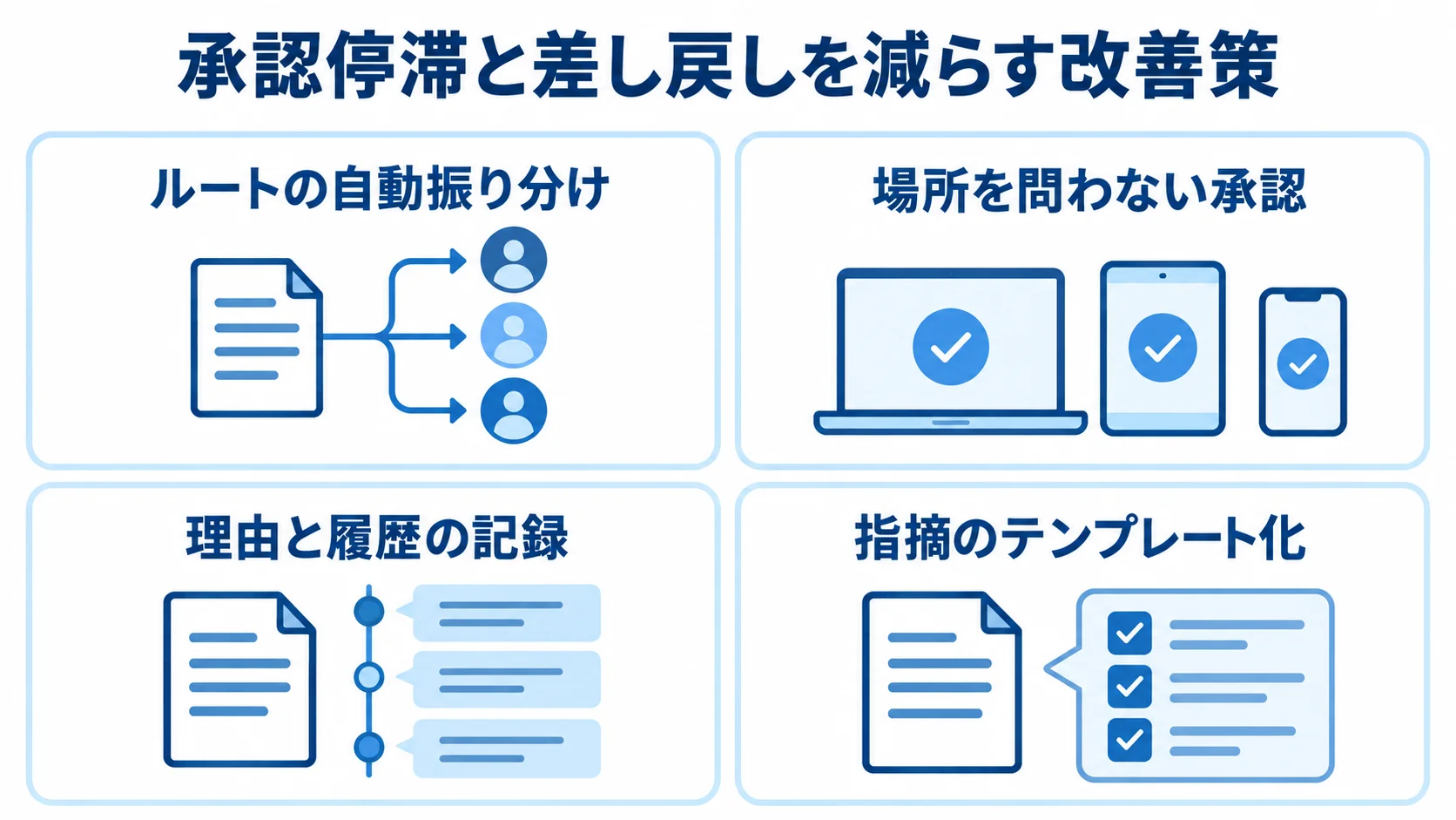 承認の停滞と再査定を減らす4つの改善策 承認ルートの自動振り分け、場所を問わない承認、理由と履歴の記録、指摘のテンプレート化を並べた図。