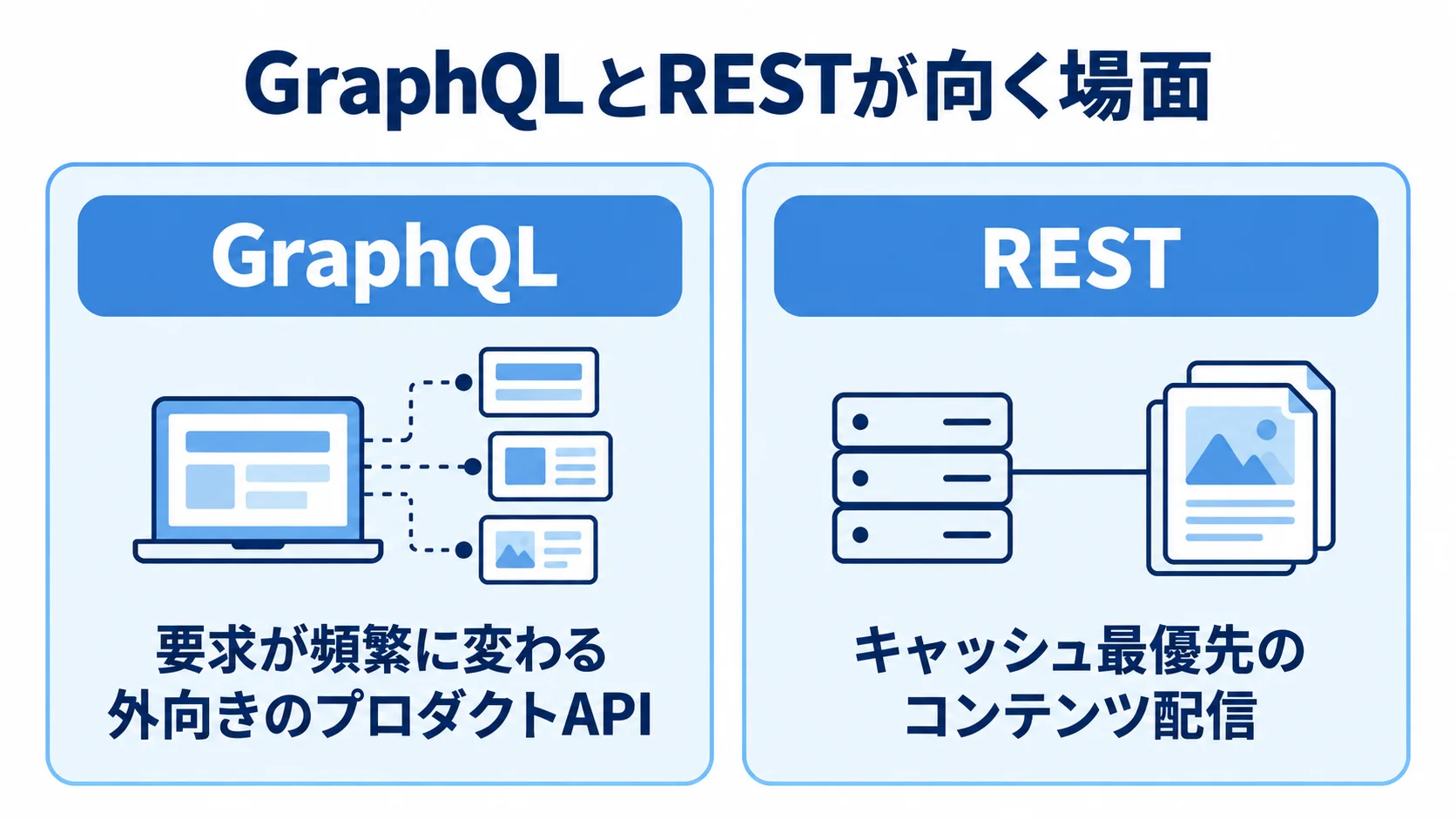 GraphQLとRESTが向く場面 GraphQLは要求が頻繁に変わる外向きのプロダクトAPI、RESTはキャッシュ最優先のコンテンツ配信に向くことを比べた図解。
