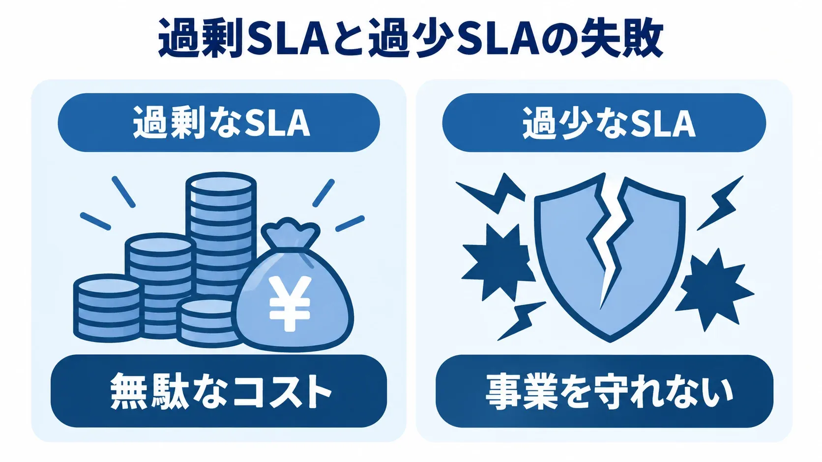 過剰SLAと過少SLAの失敗を比べる図 過剰なSLAと過少なSLAを左右に分け、それぞれの失敗を示した比較図
