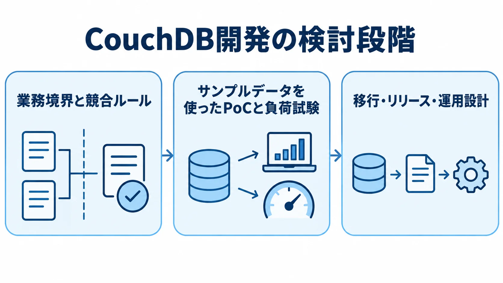 CouchDBシステム開発の検討段階 業務境界と競合ルール、サンプルデータを使ったPoCと負荷試験、移行・リリース・運用設計を3枚のパネルで示す図解。