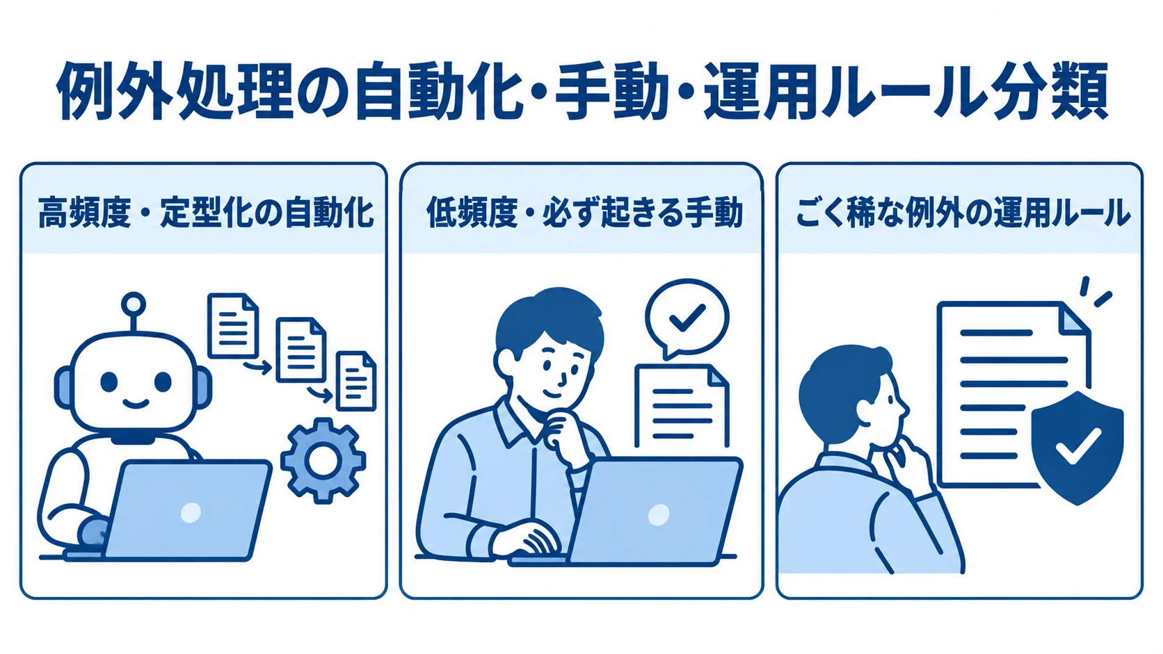 例外処理を分ける3つの扱い方 例外処理を頻度や定型化の度合いに応じて、自動化、手動、運用ルールに分けた図解。