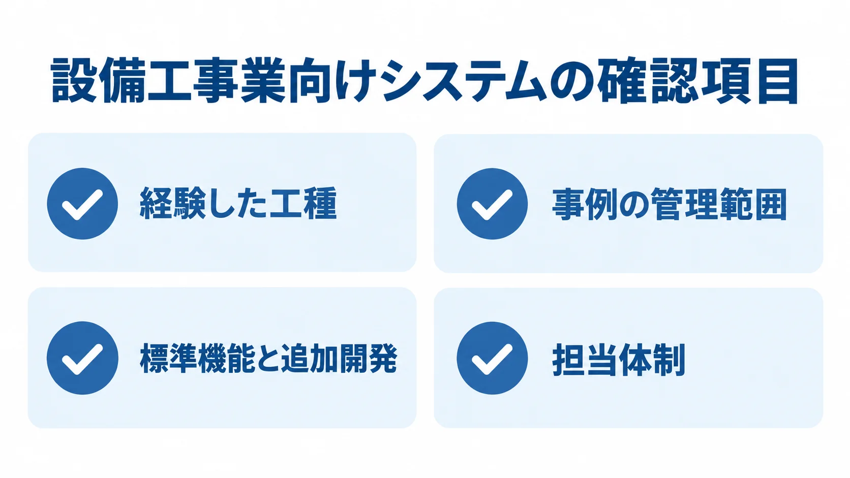設備工事システムのパートナー選びで確認する項目 設備工事業向けシステムの候補を比べる4つの確認項目を並べたチェックリスト
