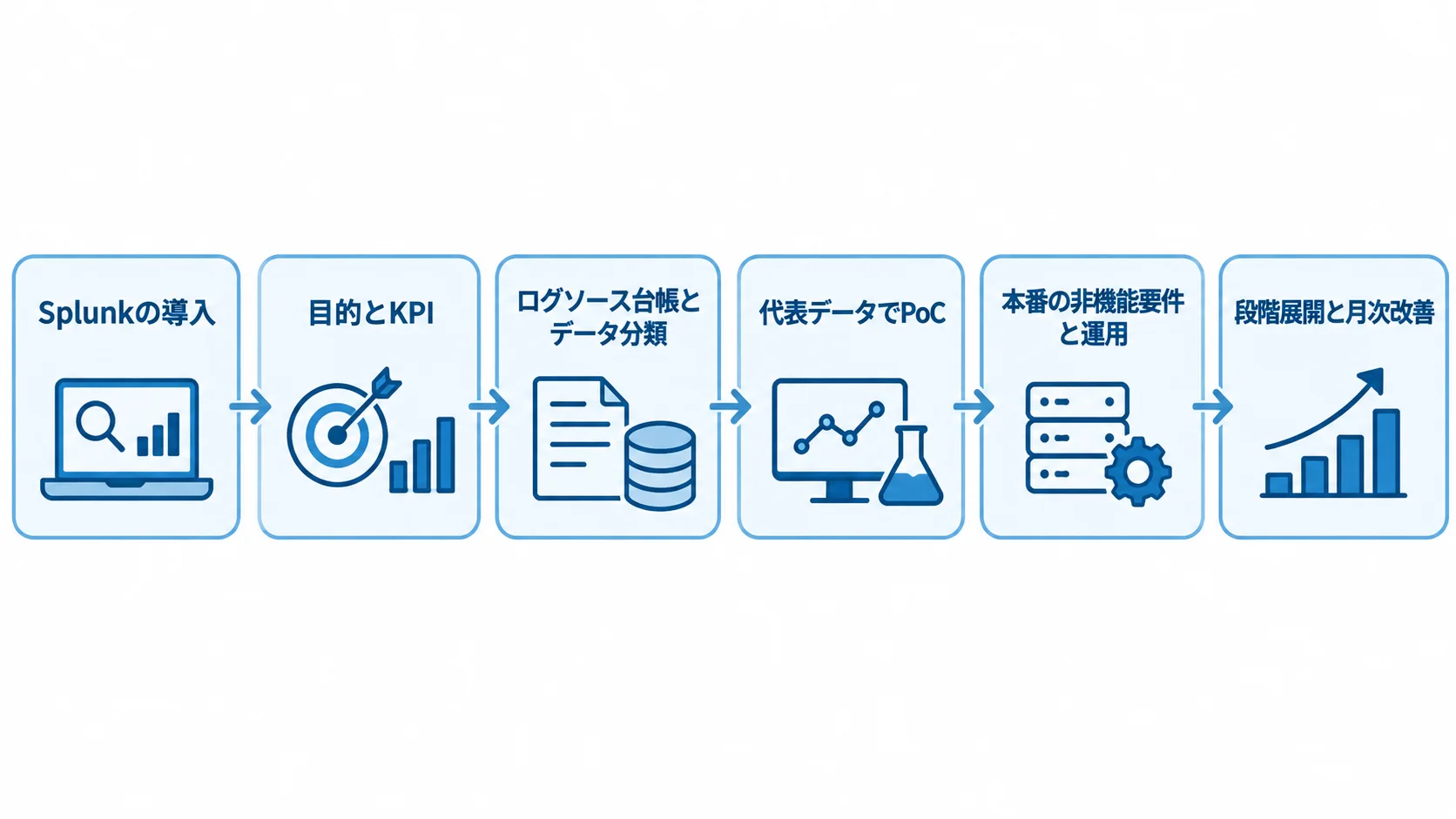 Splunk導入を準備、PoC、本番設計、段階展開へ進める流れ。 目的とKPIの設定から段階展開と月次改善まで、Splunk導入の5段階を矢印で示す図。