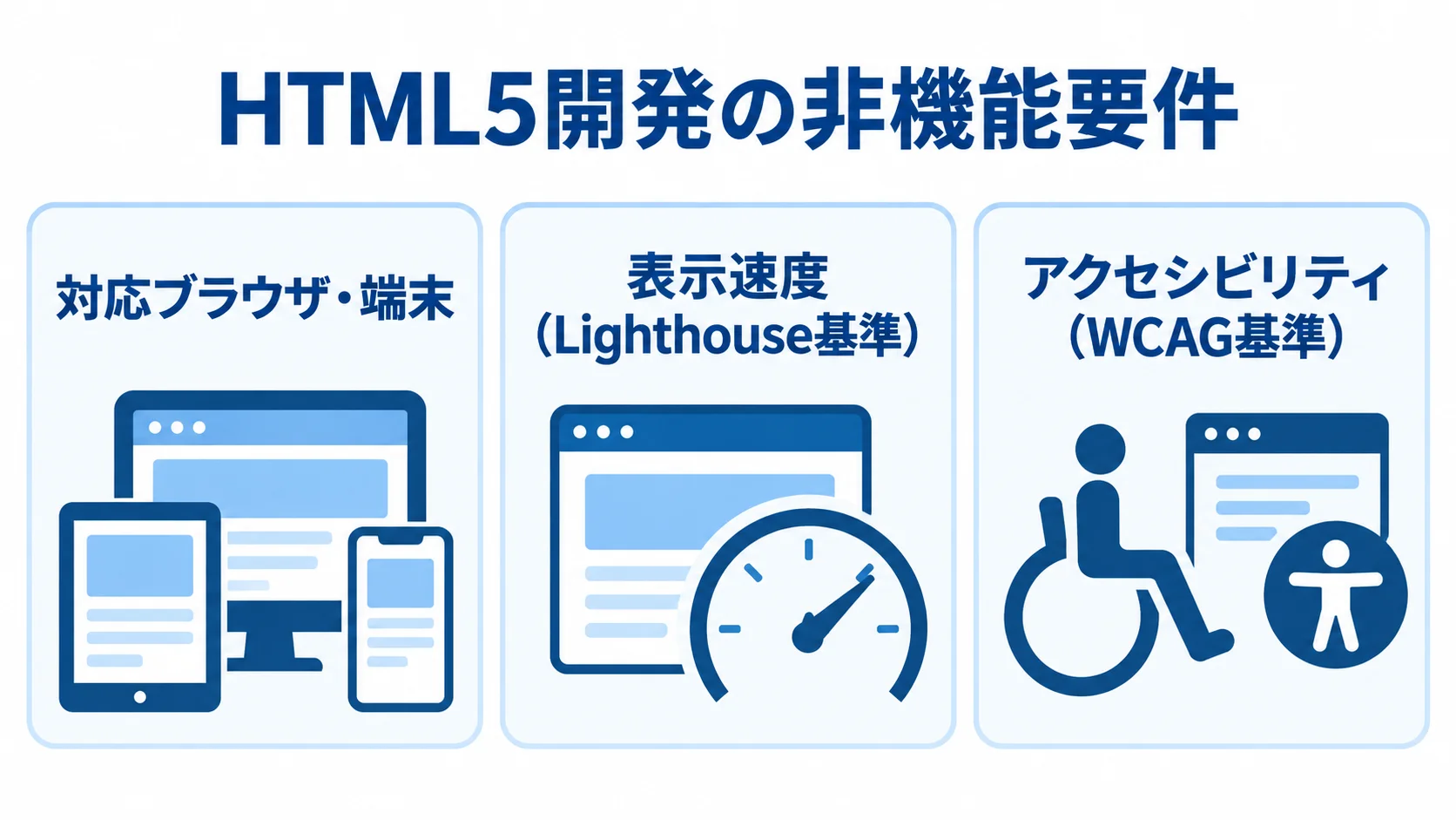 RFPで定めるHTML5開発の非機能要件 RFPで定める非機能要件として、対応ブラウザ・端末、表示速度、アクセシビリティを並べた図。