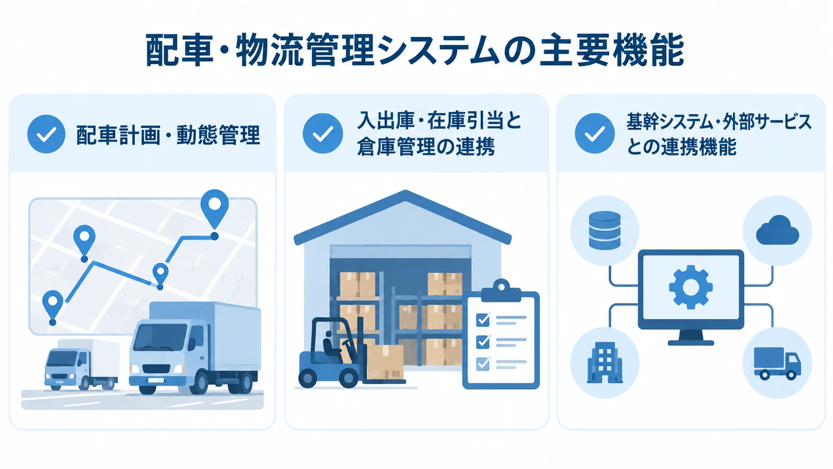 配車・物流管理システムの機能領域 配車計画・動態管理、倉庫管理との連携、基幹システムや外部サービスとの連携を3つのパネルで示す図。