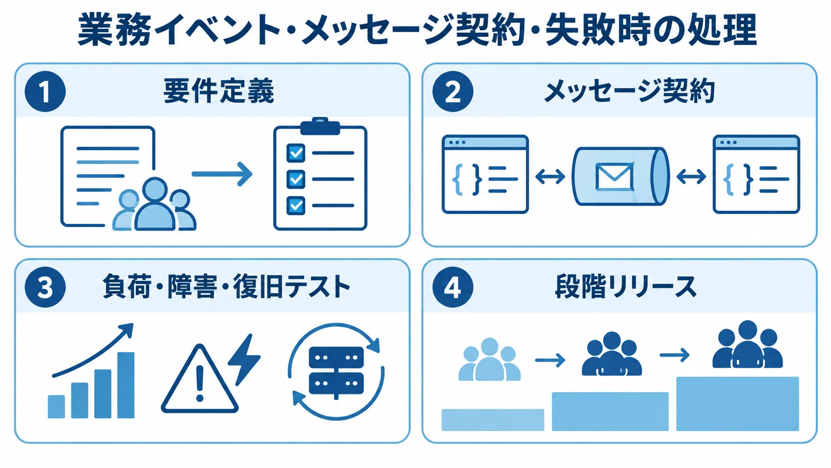 RabbitMQ開発の要件定義から段階リリースまで 要件定義、メッセージ契約、負荷・障害・復旧テスト、段階リリースを並べた図