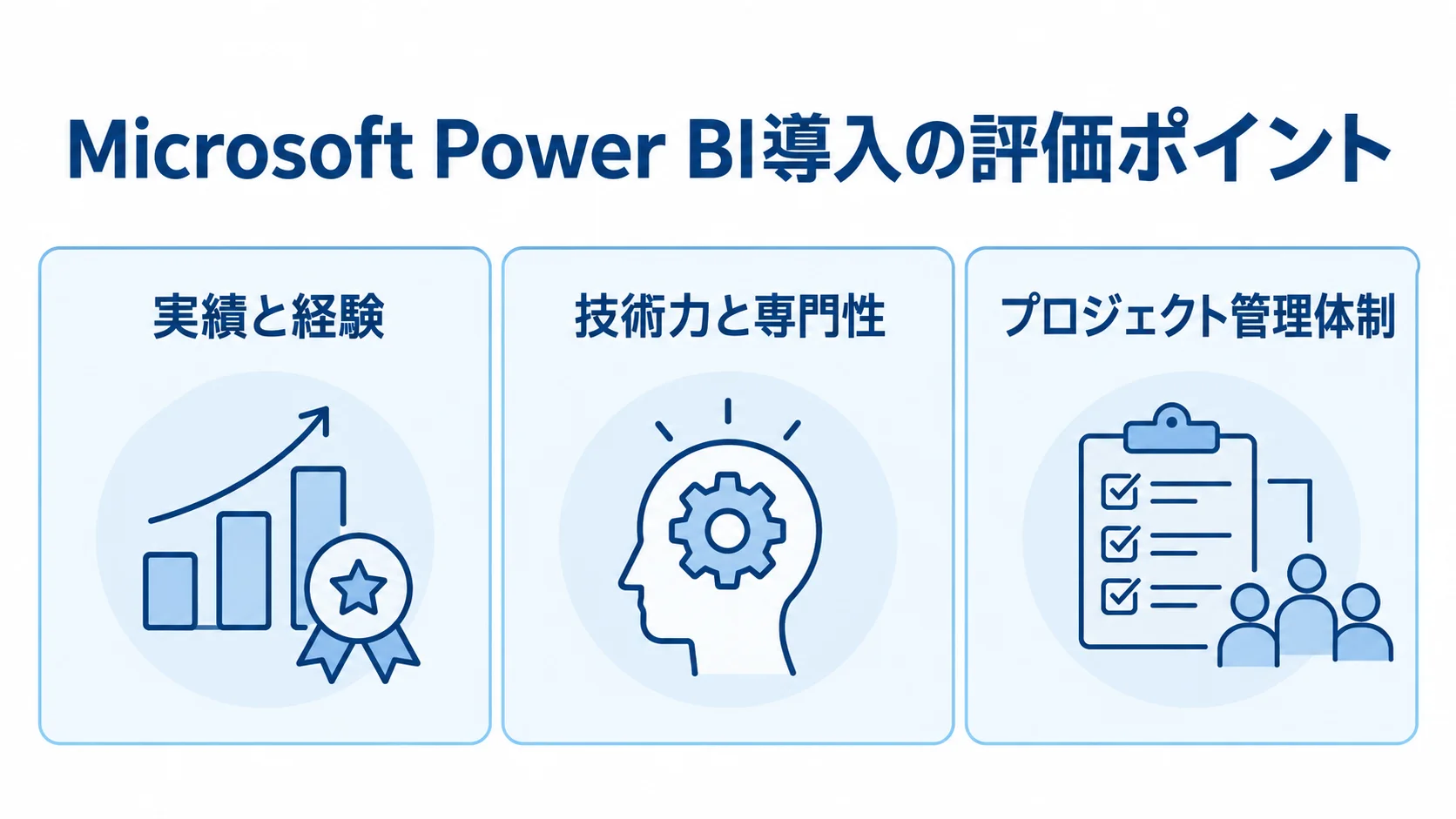 Microsoft Power BI導入パートナーの評価ポイントとして、実績と経験、技術力と専門性、プロジェクト管理体制を3つのパネルで示した図。