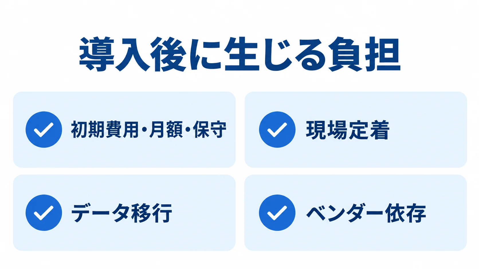 導入時に見落としやすい費用と運用上の負担 債権管理システムの導入前に見積もる負担として、初期費用・月額・保守、現場定着、データ移行、ベンダー依存を示すチェックリスト。