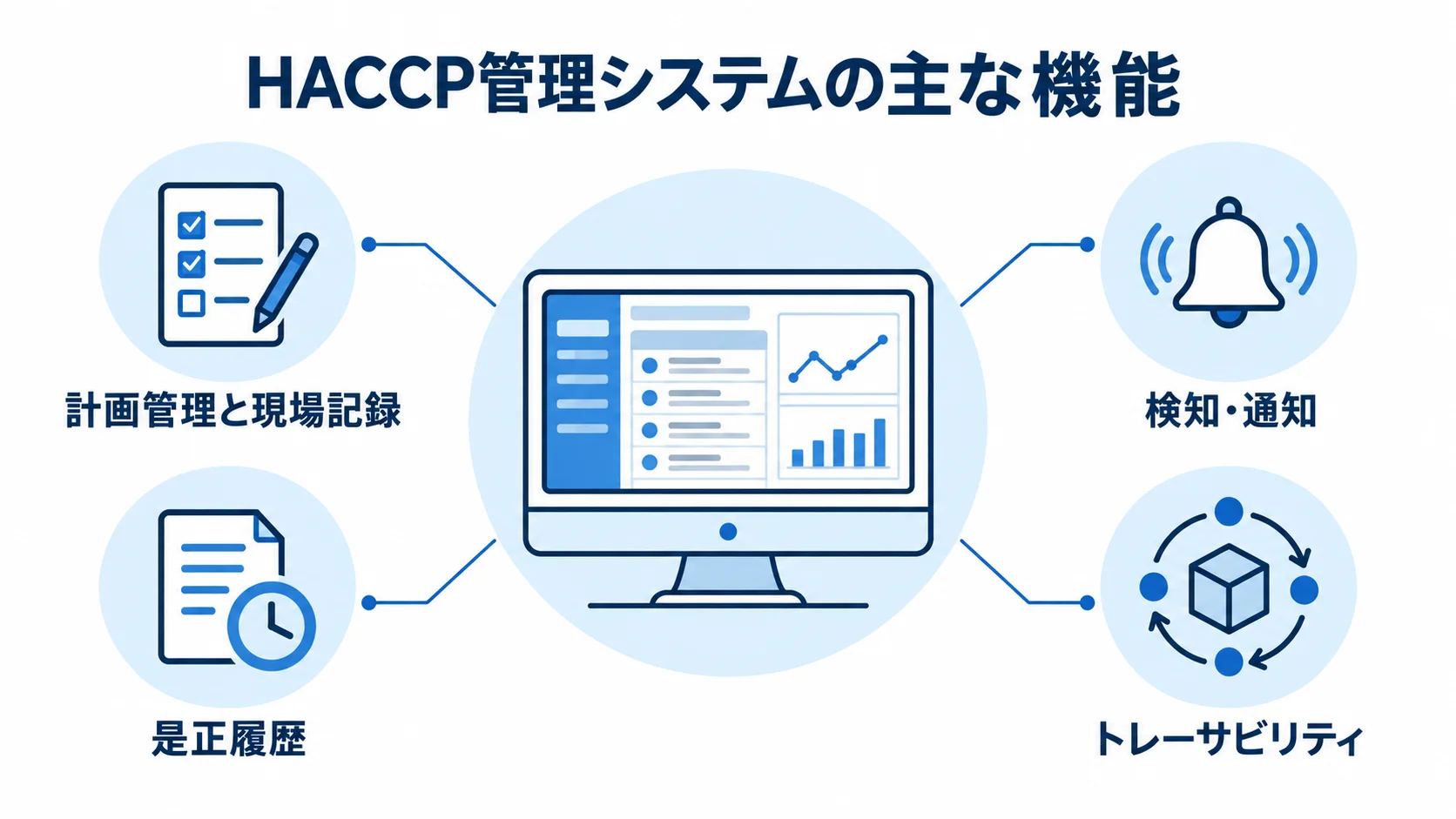 食品工場のHACCP管理を支える主な機能 HACCP管理システムを中心に、計画管理と現場記録、検知・通知、是正履歴、トレーサビリティを配置した図解。