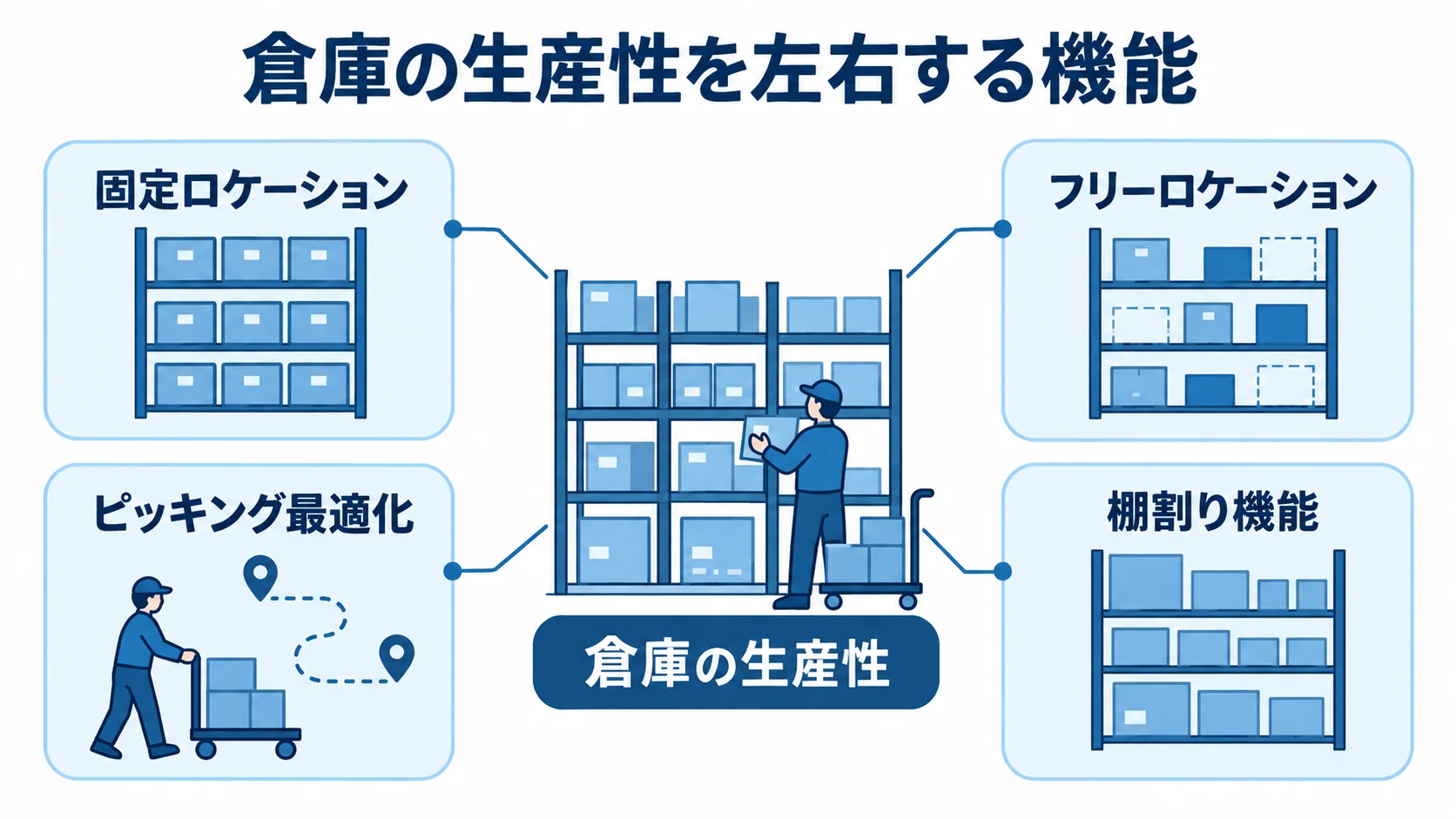 倉庫の生産性を支える保管・ピッキング機能 倉庫の生産性を中心に固定ロケーション、フリーロケーション、ピッキング最適化、棚割り機能を示す図
