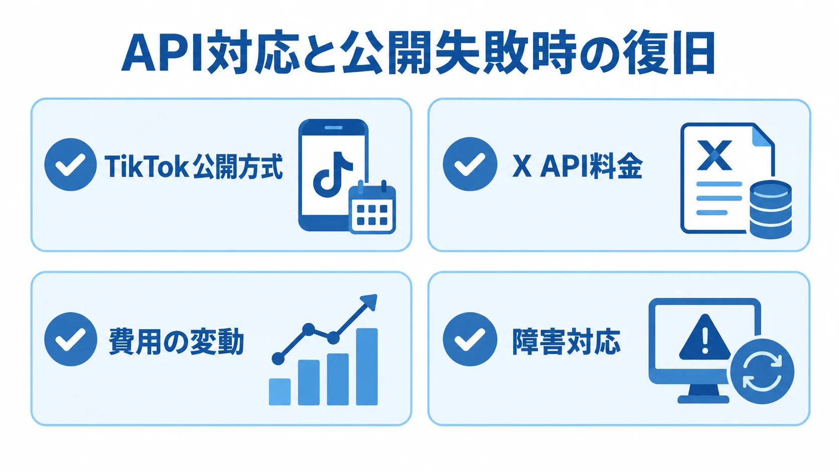 TikTok公開方式、X API料金、費用の変動、障害対応を並べた確認カードの図。