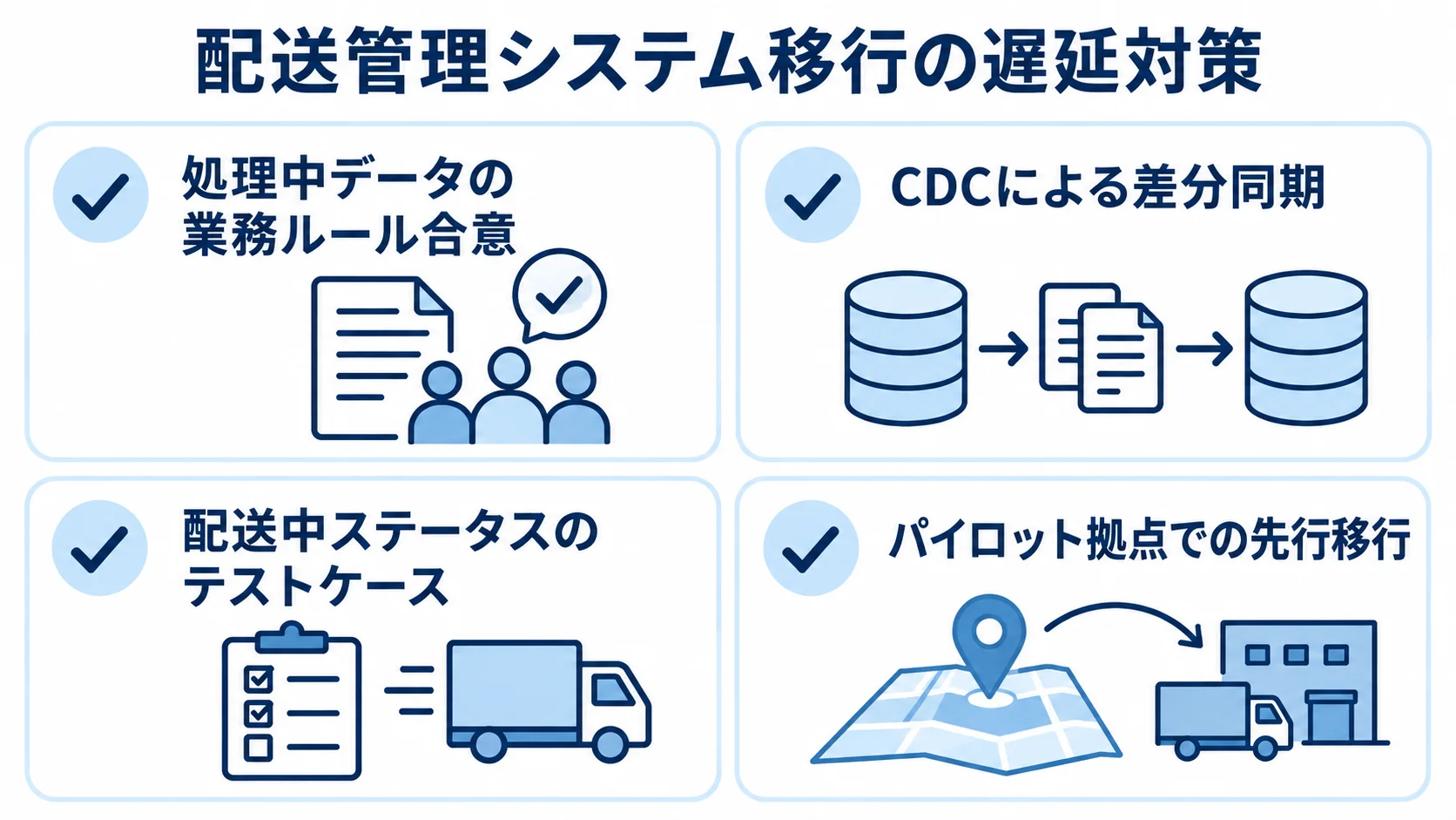配送管理システム移行の遅延対策チェック項目 処理中データのルール合意や差分同期、テスト、パイロット拠点での先行移行を確認項目として並べた図。