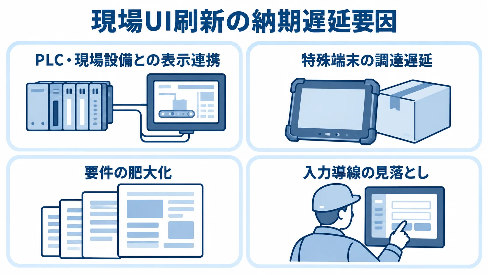 現場UI刷新に特有の納期遅延要因 現場UI刷新で納期遅延につながる、表示連携、端末調達、要件、入力導線の4要因を示した図。