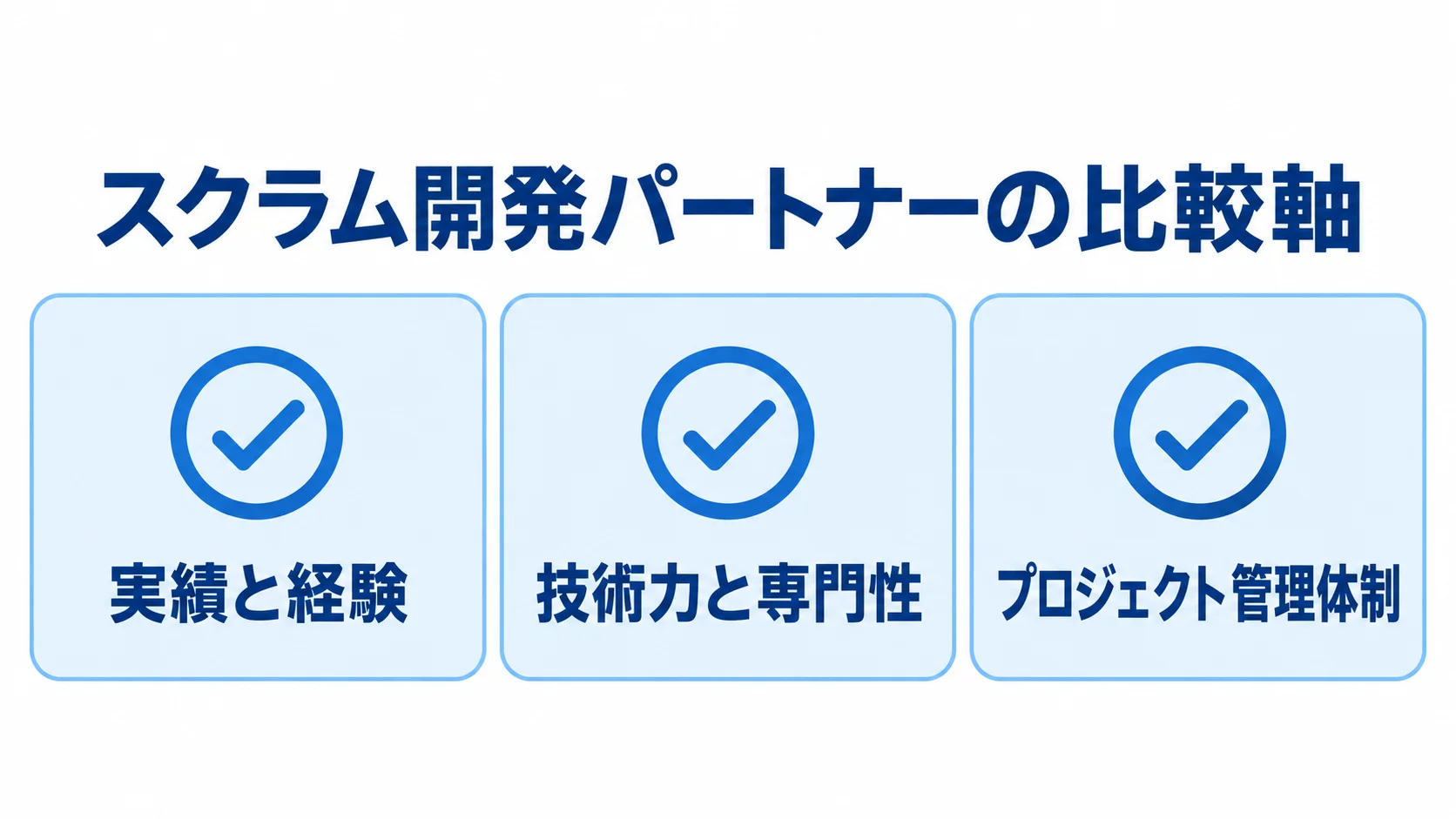 実績と経験、技術力と専門性、プロジェクト管理体制の3項目を並べたチェックリスト図。