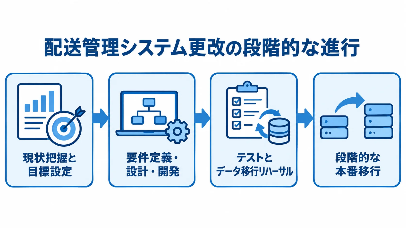 配送管理システム更改の段階的な進め方 現状把握と目標設定から要件定義・設計・開発、テストとデータ移行リハーサルを経て、段階的な本番移行へ進む図。