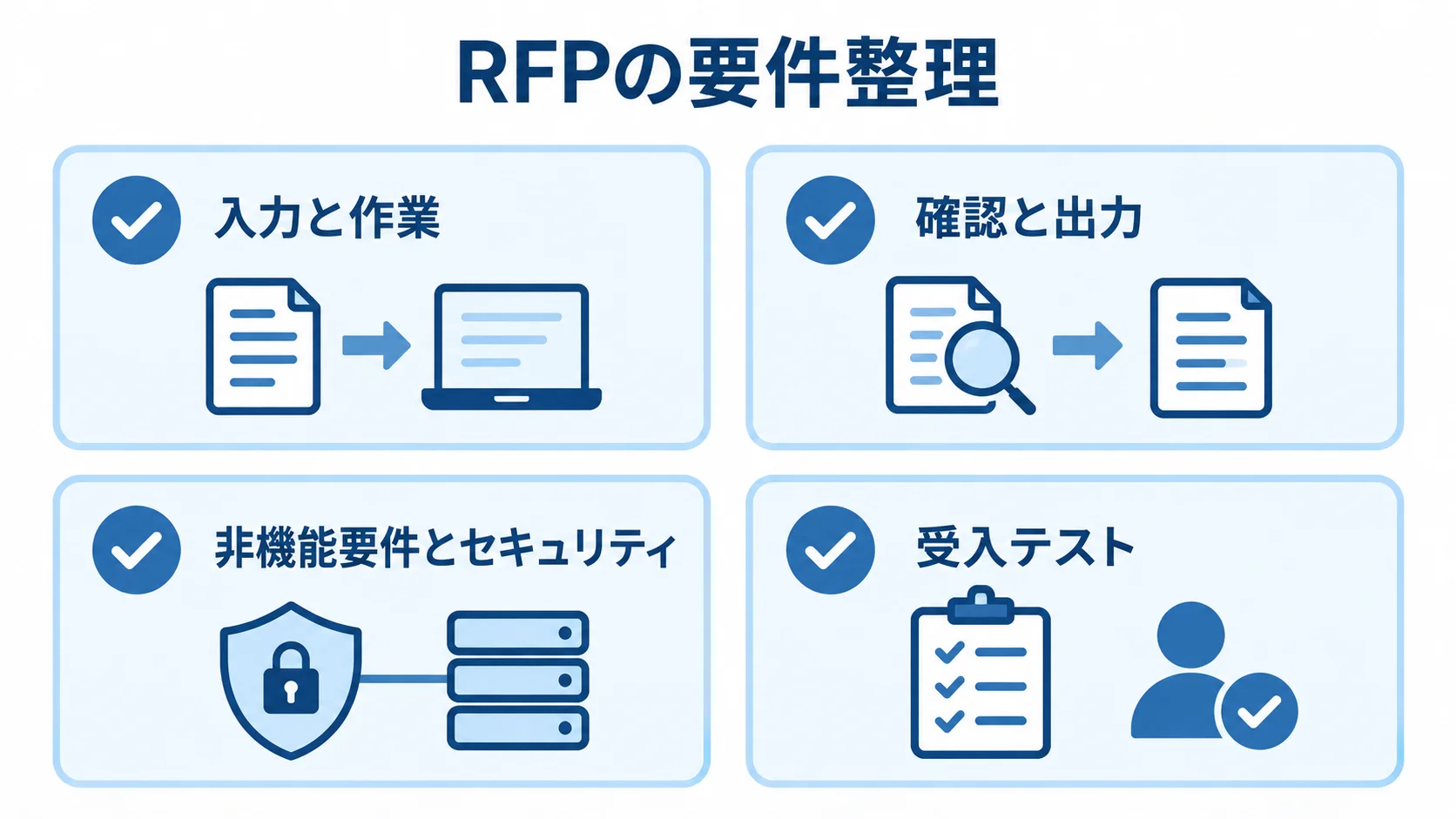 RFPと受入テストで整理する4項目 RFPと受入テストで整理する入力と作業、確認と出力、非機能要件とセキュリティ、受入テストの4項目をカードで示した図。