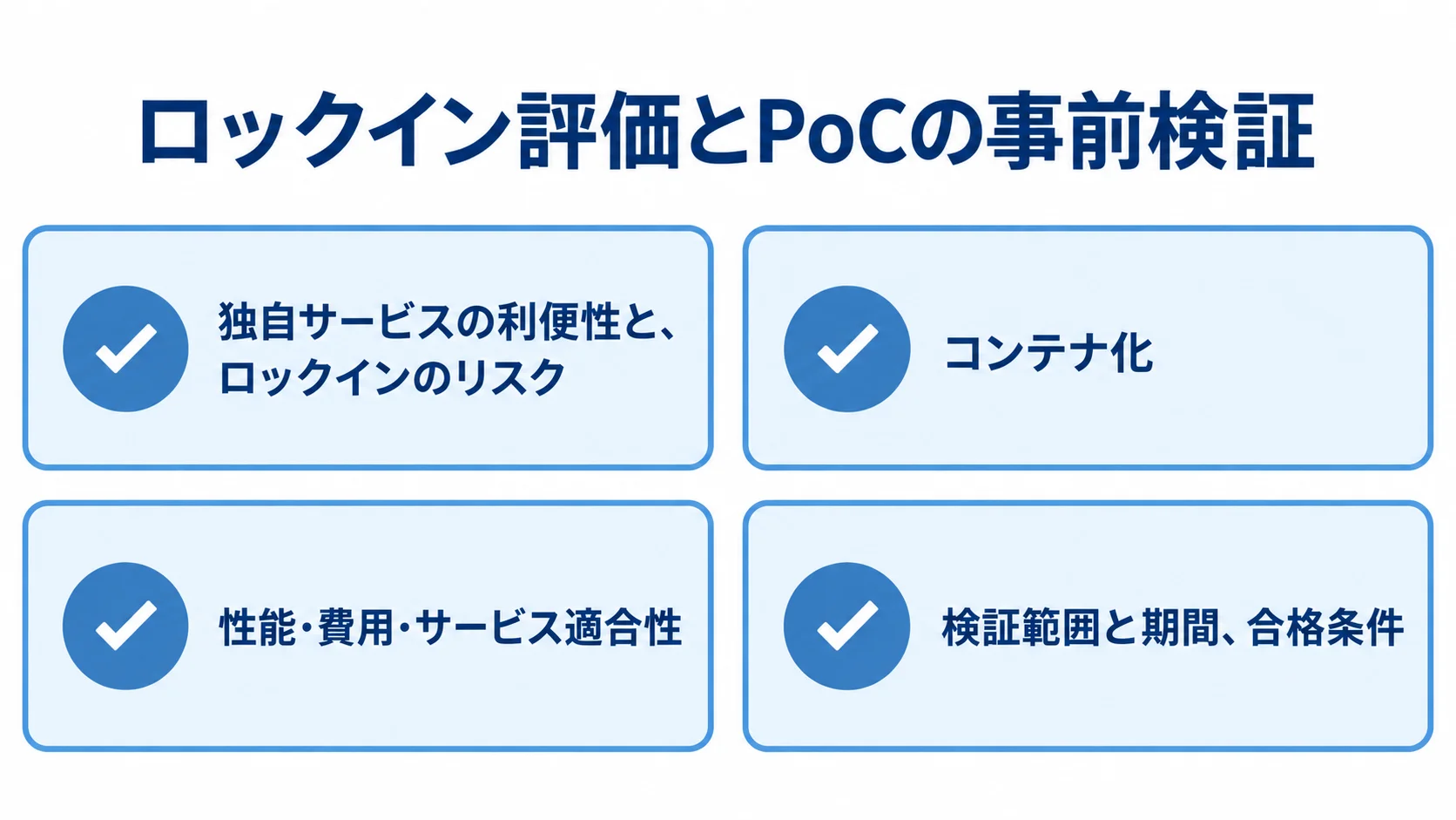 ロックイン評価とPoCで確認する項目 独自サービスのロックイン評価と、PoCで確認する項目を4枚のカードに整理した図。