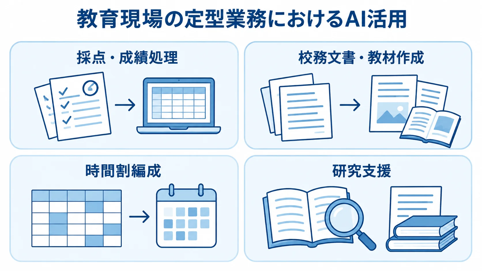 採点・成績処理、校務文書・教材作成、時間割編成、研究支援を並べた4枚のパネル図