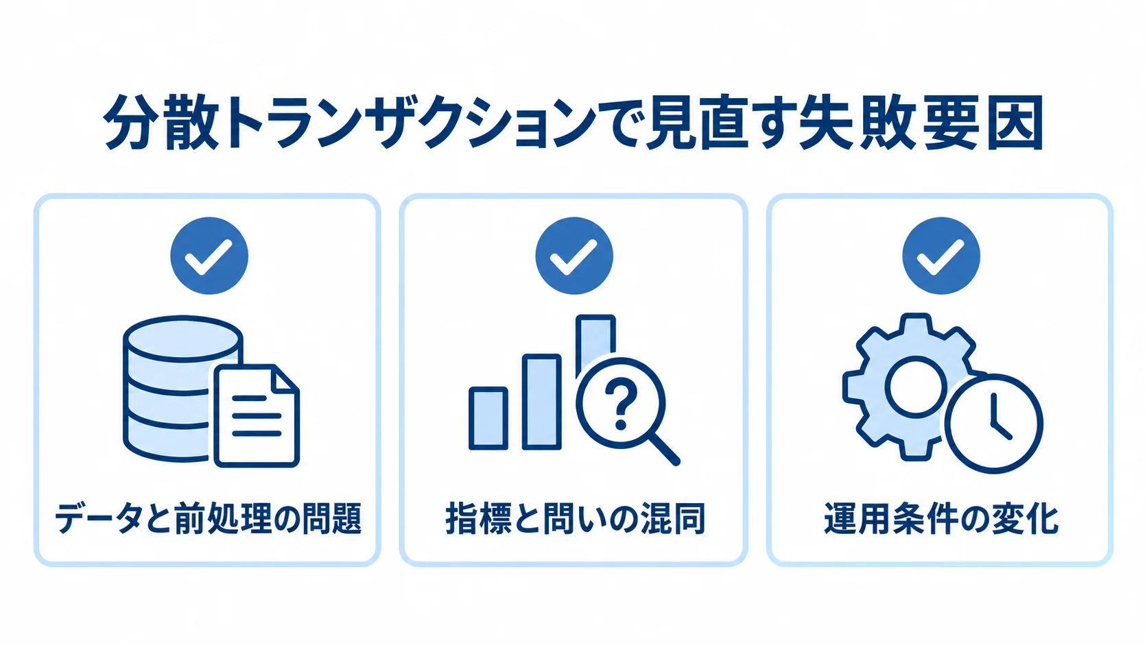 分散トランザクションで見直す失敗要因の図 データと前処理、指標と問い、運用条件の変化という3つの失敗要因をカードで示した図。