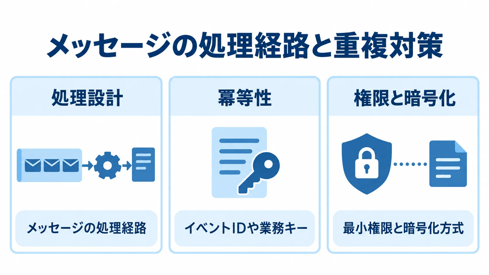 設計開発の処理設計、冪等性、権限と暗号化を3つのパネルで示した図。
