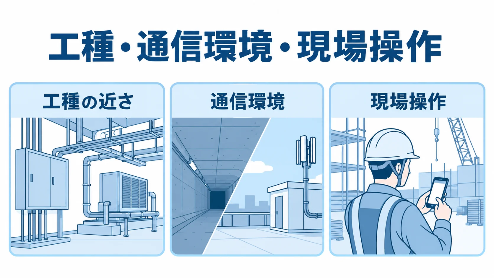 設備工事業向けシステムの現場適合を確かめる3視点 候補サービスを工種の近さ、通信環境、現場操作で確かめる3つのパネル図。