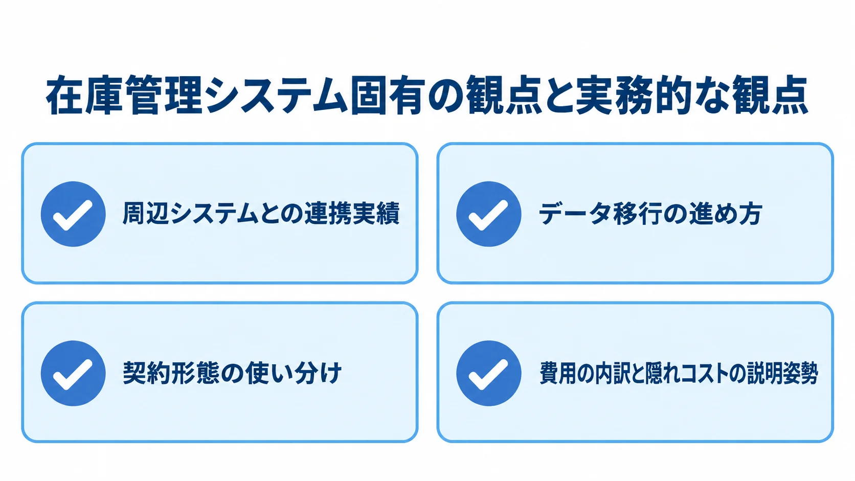 在庫管理システム固有の観点と実務的な観点による開発会社の評価 在庫管理システムの開発会社を評価する観点として、連携実績、データ移行、契約形態、費用説明を並べた図。