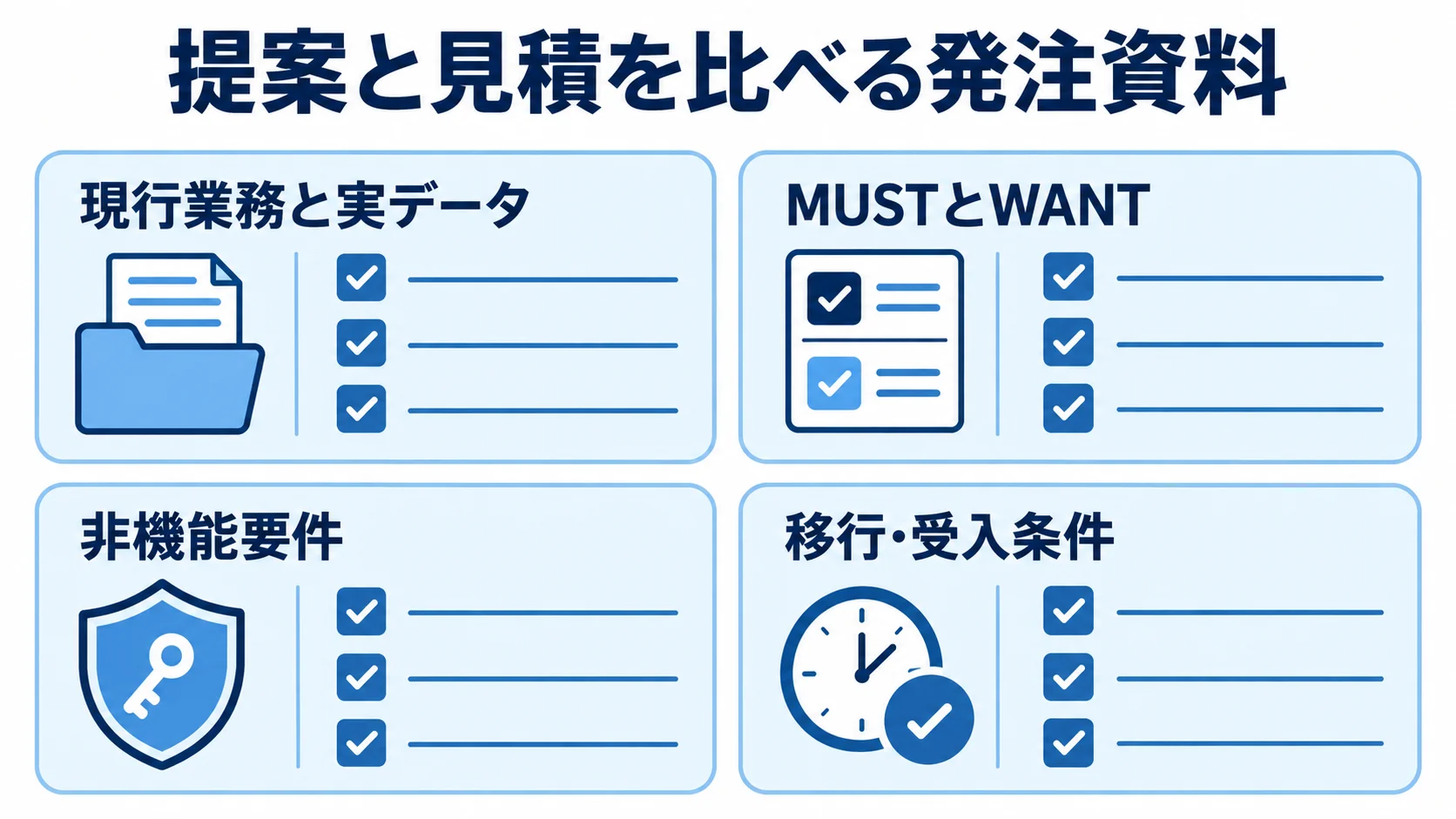 提案と見積を比べる発注資料に、現行業務と実データ、MUSTとWANT、非機能要件、移行・受入条件を4カードで示す図。