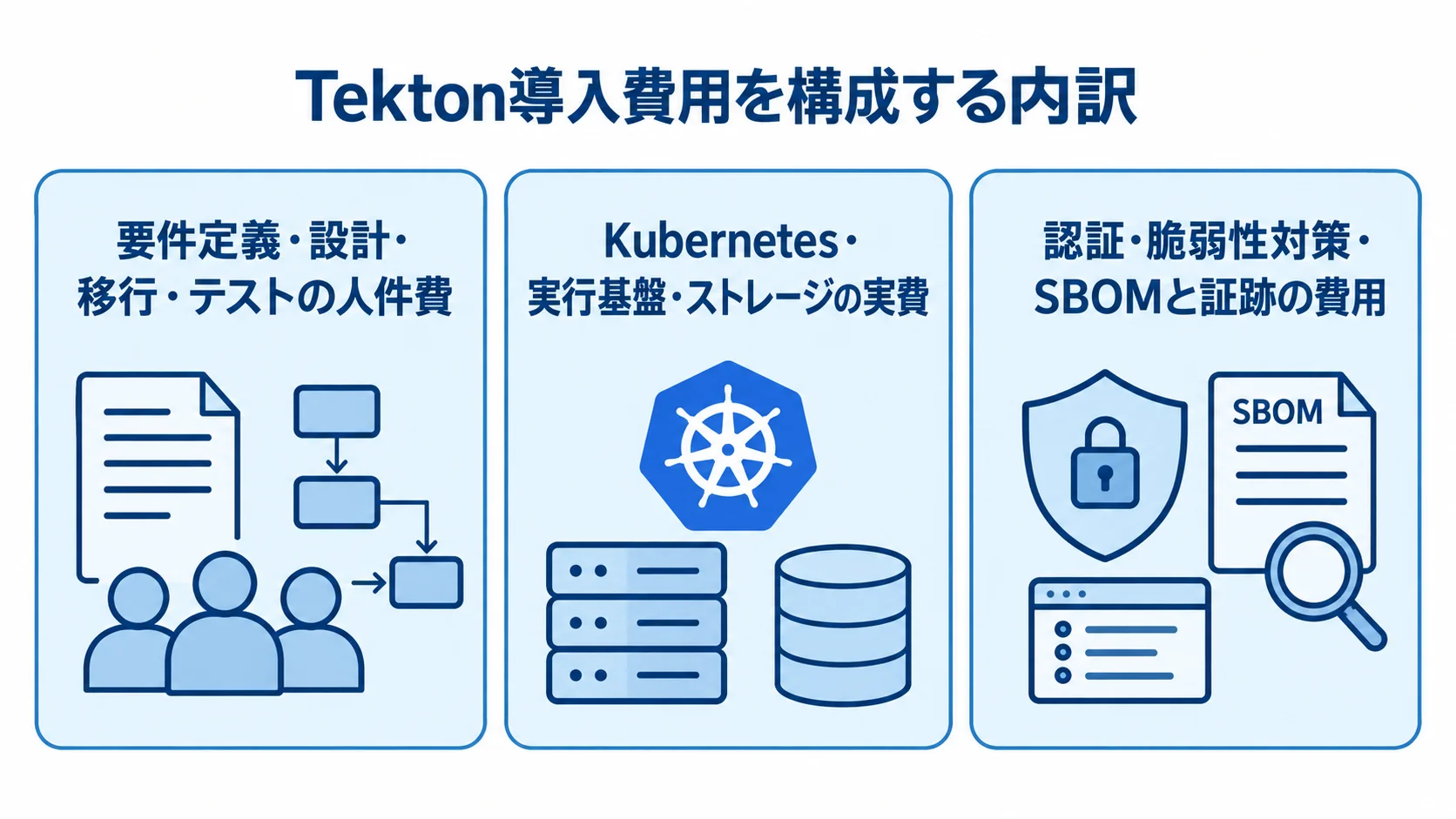 Tekton導入費用の3つの内訳を示すパネル図 Tekton導入費用の人件費、実行基盤などの実費、認証や証跡に関する費用を3枚のパネルで示す図。