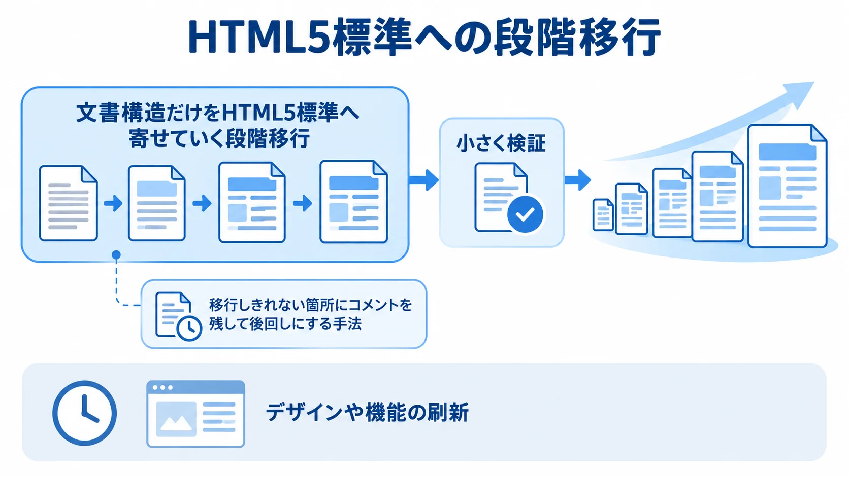 HTML5標準への段階移行を示す4段階のフロー 文書構造を先にHTML5標準へ移し、デザインや機能の刷新を後回しにして、未移行箇所を記録し小さく検証する流れを示した図。