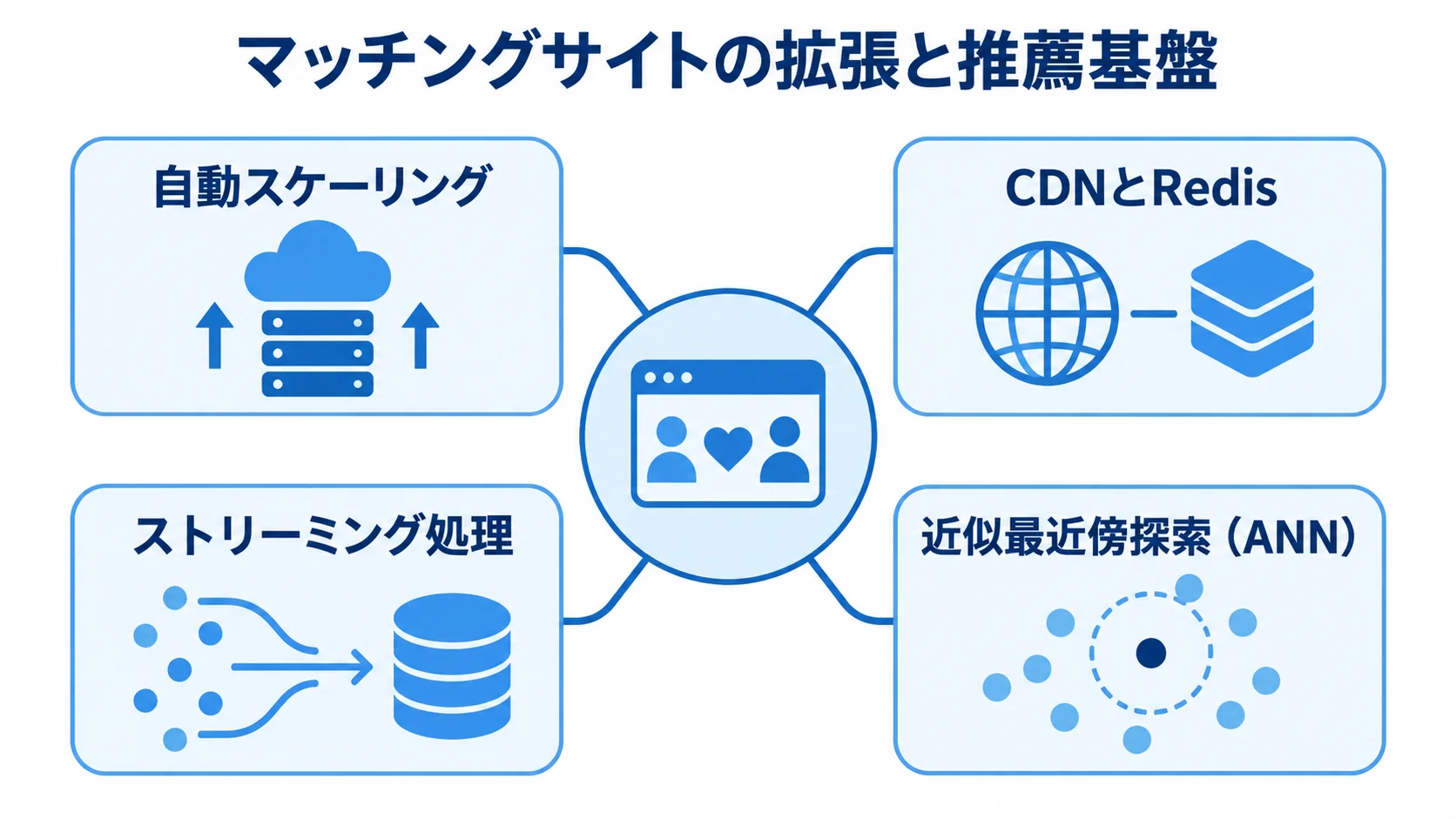 拡張基盤と推薦ロジックを支える技術の図解 マッチングサイトの基盤を中心に、自動スケーリングや推薦候補の更新技術を配置した図解