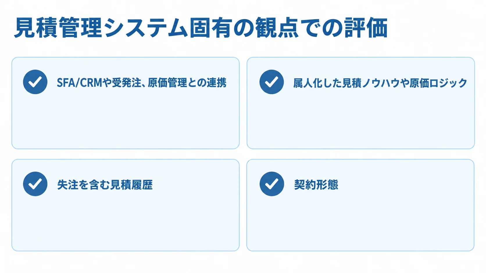 見積管理システムのパートナー選定で確認する4つの観点 見積管理システムの開発パートナーを評価する4つの確認項目を、連携、ノウハウ、見積履歴、契約形態に分けて示した図。