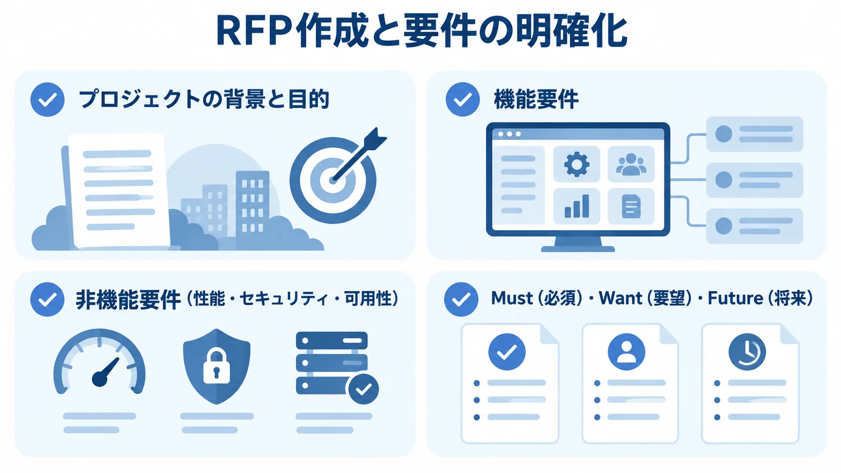 RFP作成時に整理する要件の確認項目 RFP作成時に整理する背景と目的、機能要件、非機能要件、機能の優先段階を4枚のカードに示した図。