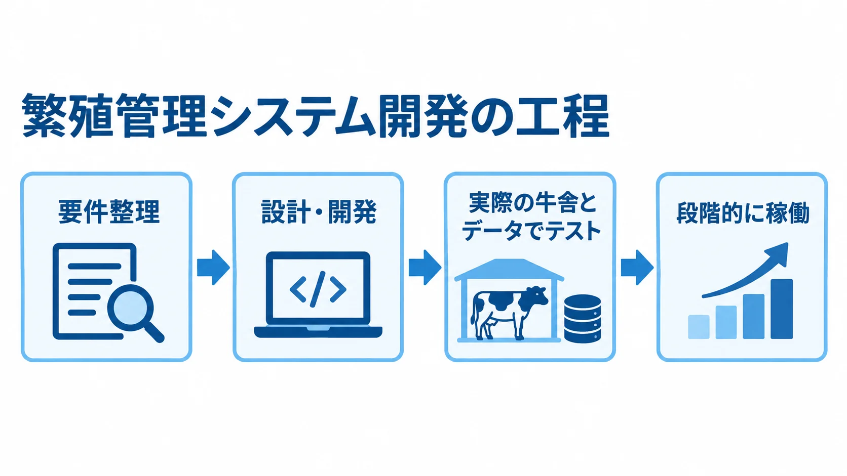 繁殖管理システム開発の進行順 繁殖管理システム開発を、要件整理、設計・開発、実際の牛舎とデータでのテスト、段階的な稼働の順に示した図。