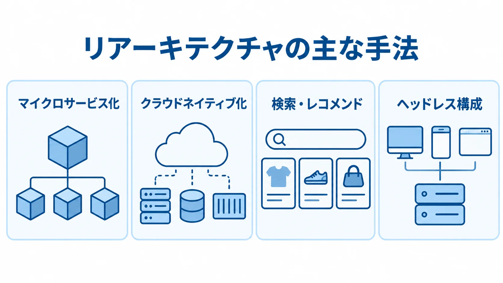 マッチングサイトのリアーキテクチャ手法 リアーキテクチャの手法として、マイクロサービス化、クラウドネイティブ化、検索・レコメンド、ヘッドレス構成を4枚のカードに整理した図。