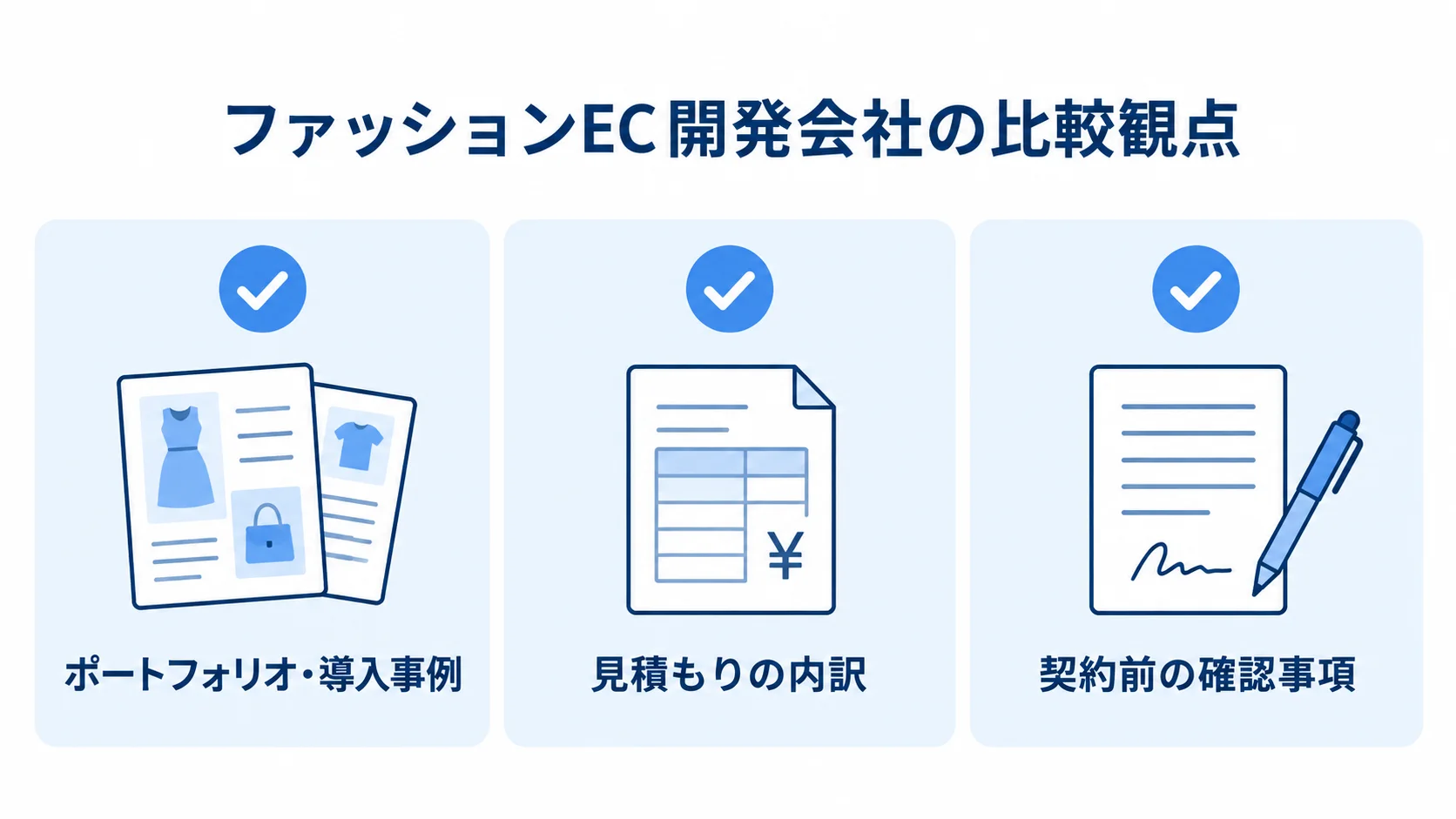 ファッションEC開発会社の比較に使う3つのチェック項目を示す図。