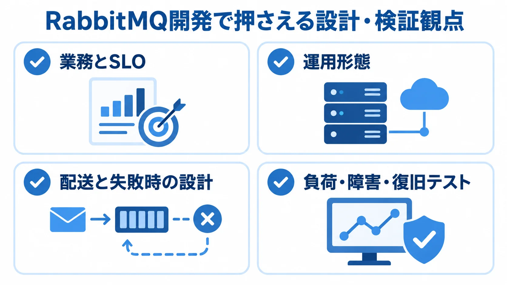 RabbitMQ開発の要件整理、運用形態、配送設計、負荷・障害・復旧テストを並べた4項目の図。