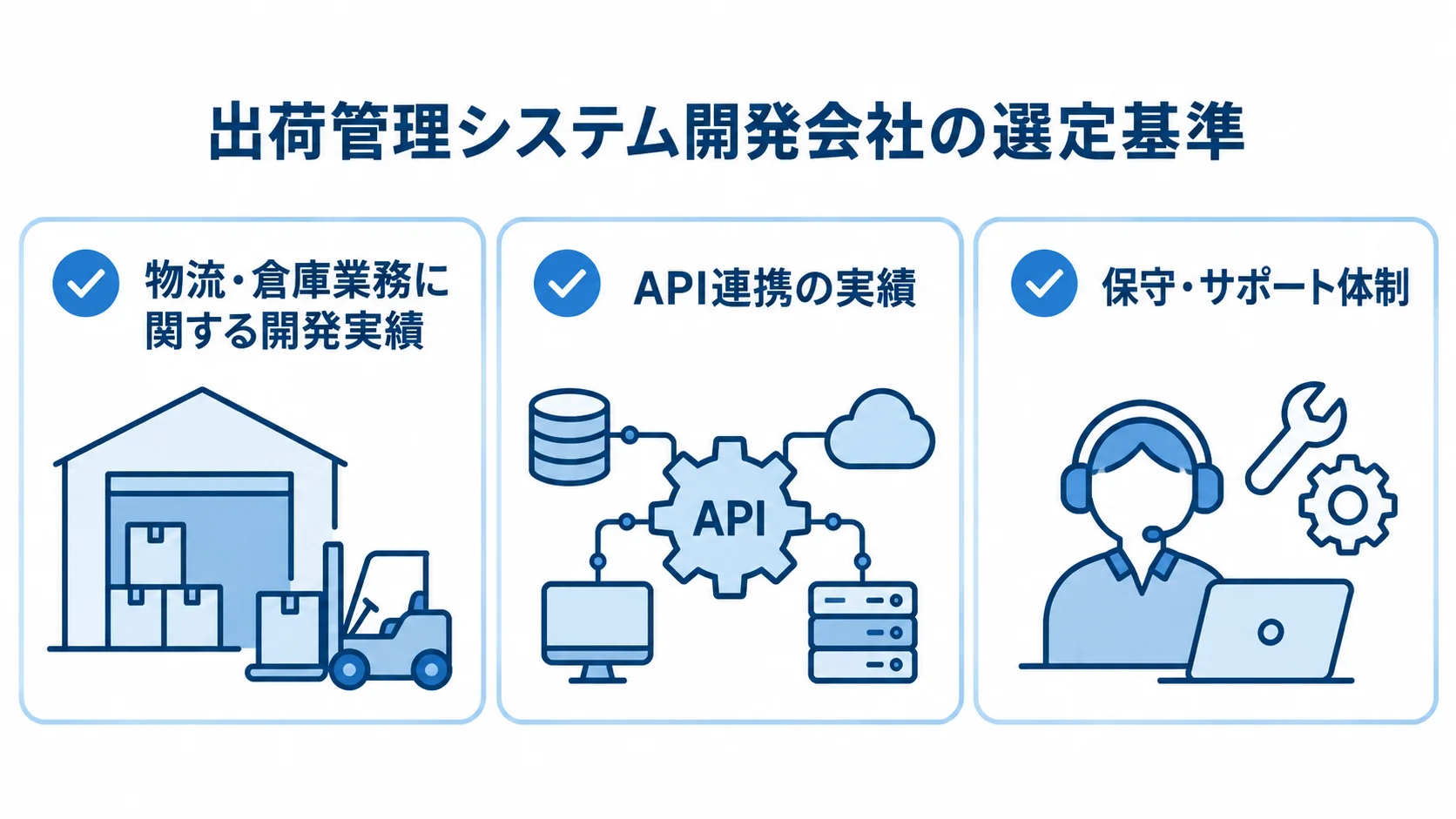 出荷管理システム開発会社を選ぶ際の3つの評価観点を示すチェックリスト。