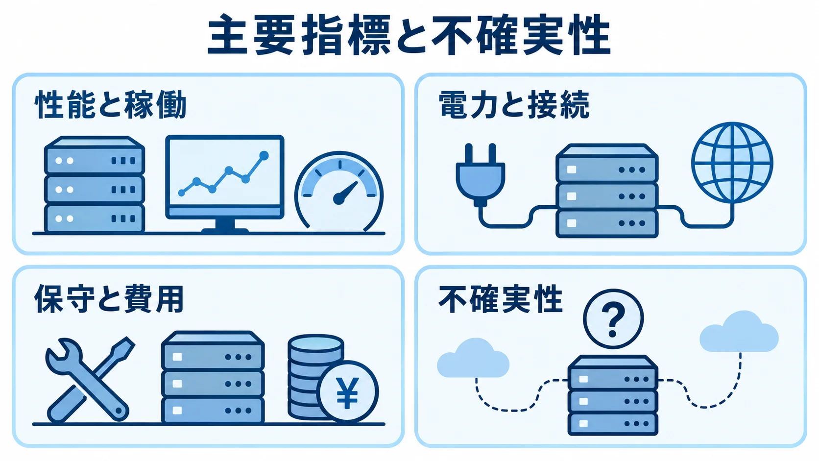 エッジデータセンターの評価指標と不確実性を整理した図 性能と稼働、電力と接続、保守と費用、不確実性を4つのパネルに整理した図解