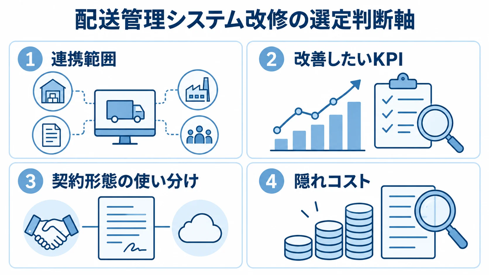 配送管理システム改修で開発会社を選ぶ際の連携範囲、改善KPI、契約形態、隠れコストを4つのパネルで示した図