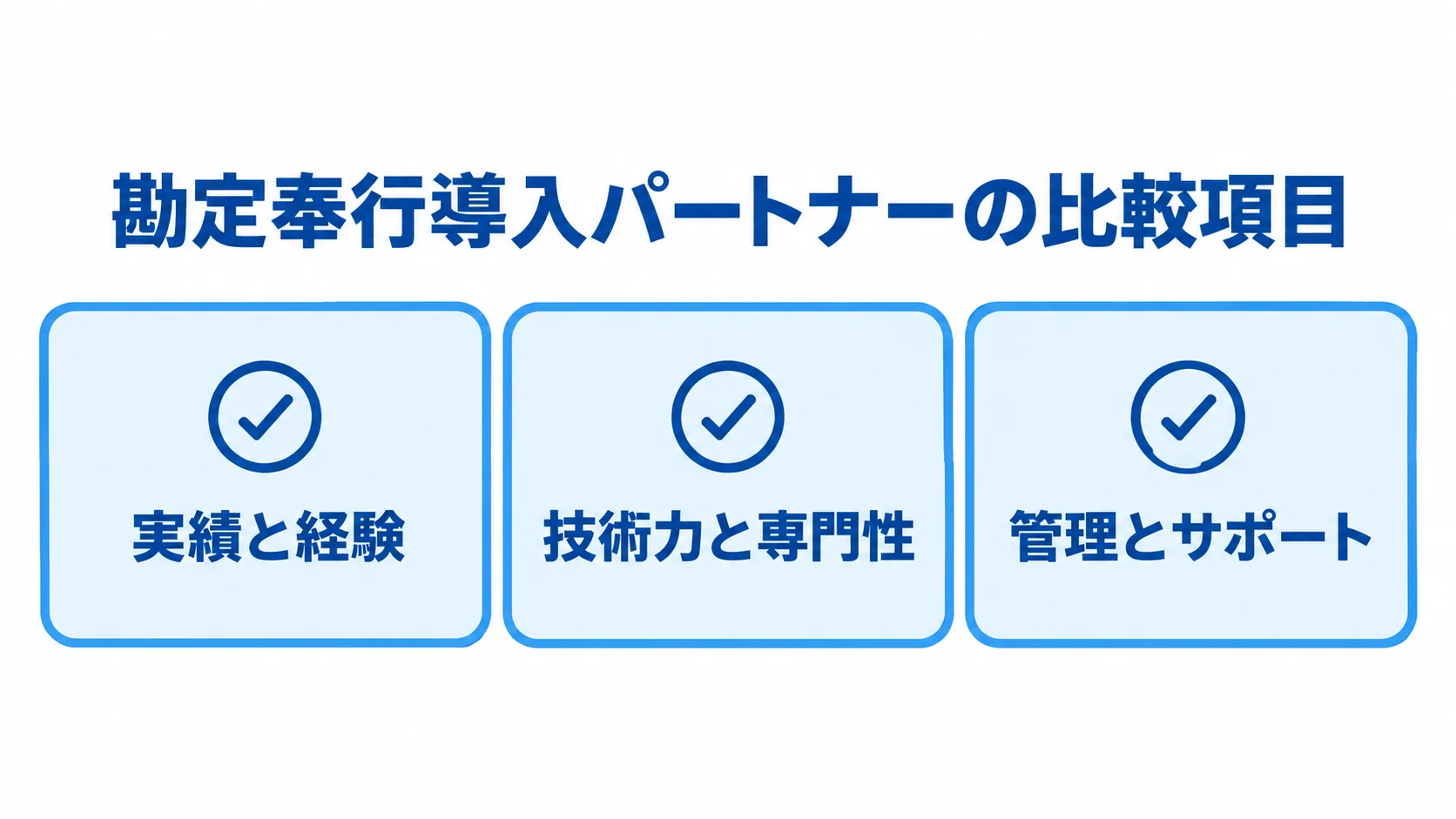 勘定奉行導入パートナーを選ぶ観点として、実績と経験、技術力と専門性、管理とサポートを並べた図。