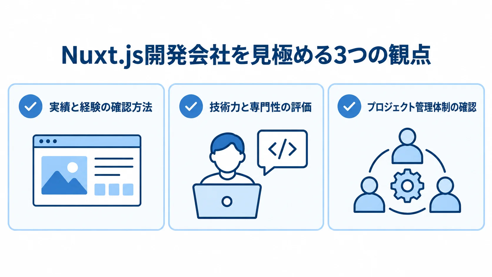 Nuxt.js開発会社の選定時に確認する3つの観点 Nuxt.js開発会社の実績、技術力、プロジェクト管理体制を確認するチェックリスト