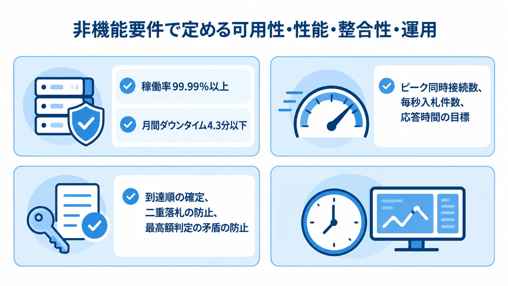 オークションシステムの非機能要件とSLA 非機能要件の確認項目を示す図。稼働率99.99%以上と月間ダウンタイム4.3分以下、ピーク性能、同時入札の整合性を並べている。