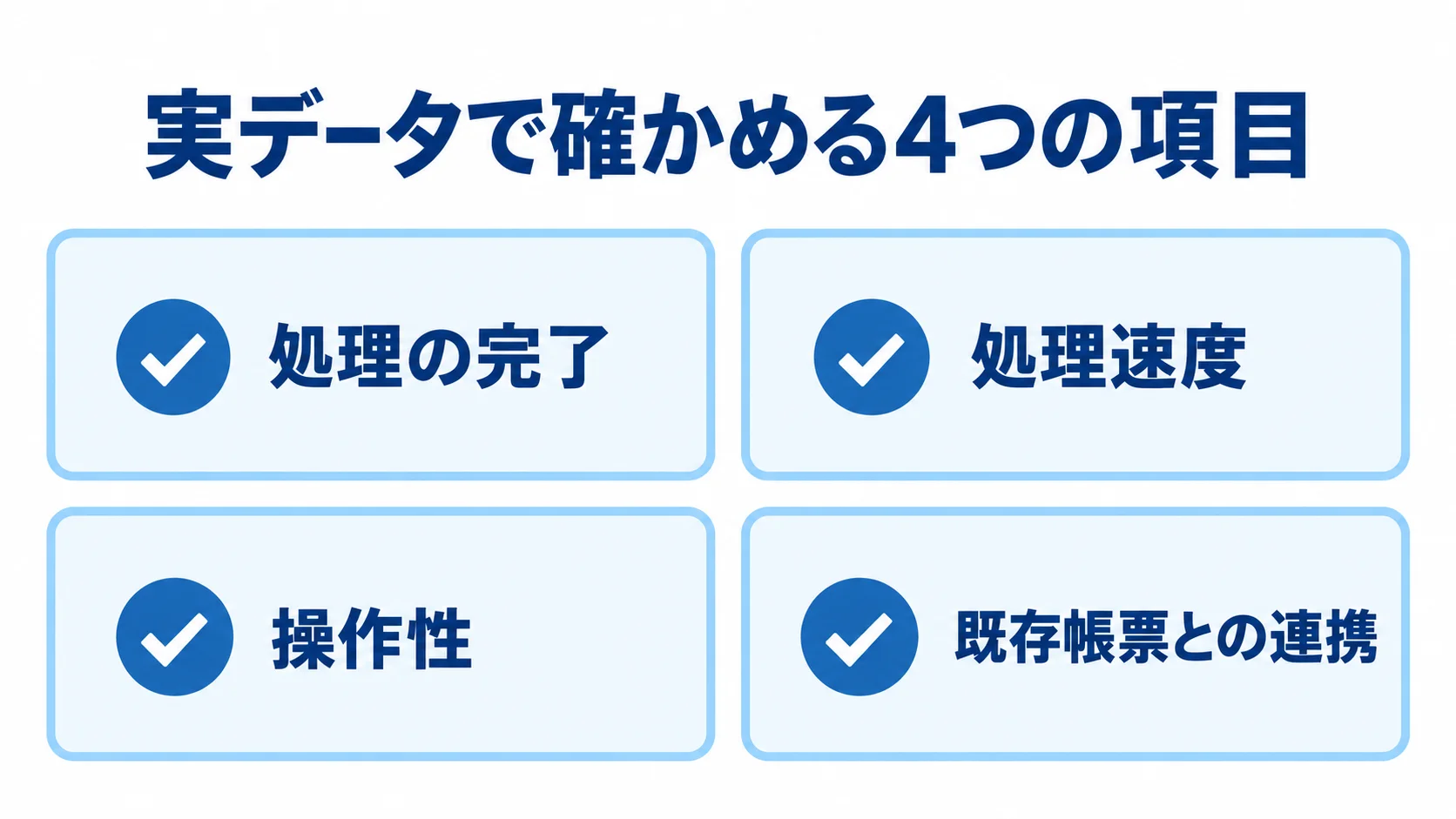 生産計画最適化PoCの実データ検証項目 PoCで実データを使って確認する処理完了、処理速度、操作性、既存帳票との連携の4項目